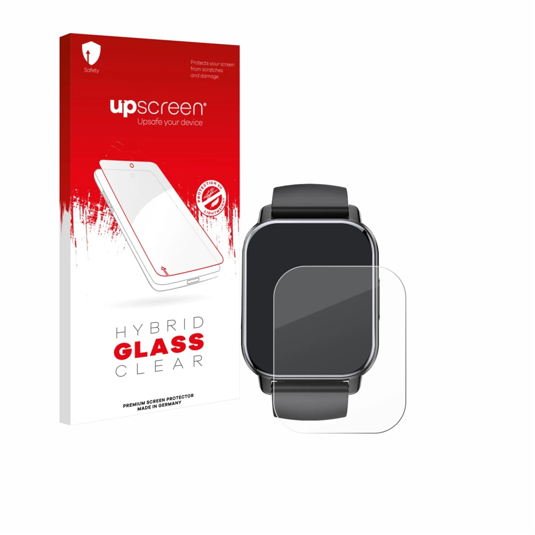 Parte frontal de un envase de producto con el logotipo de la marca upscreen. Al lado se muestra el dispositivo Poounur T80 1.9