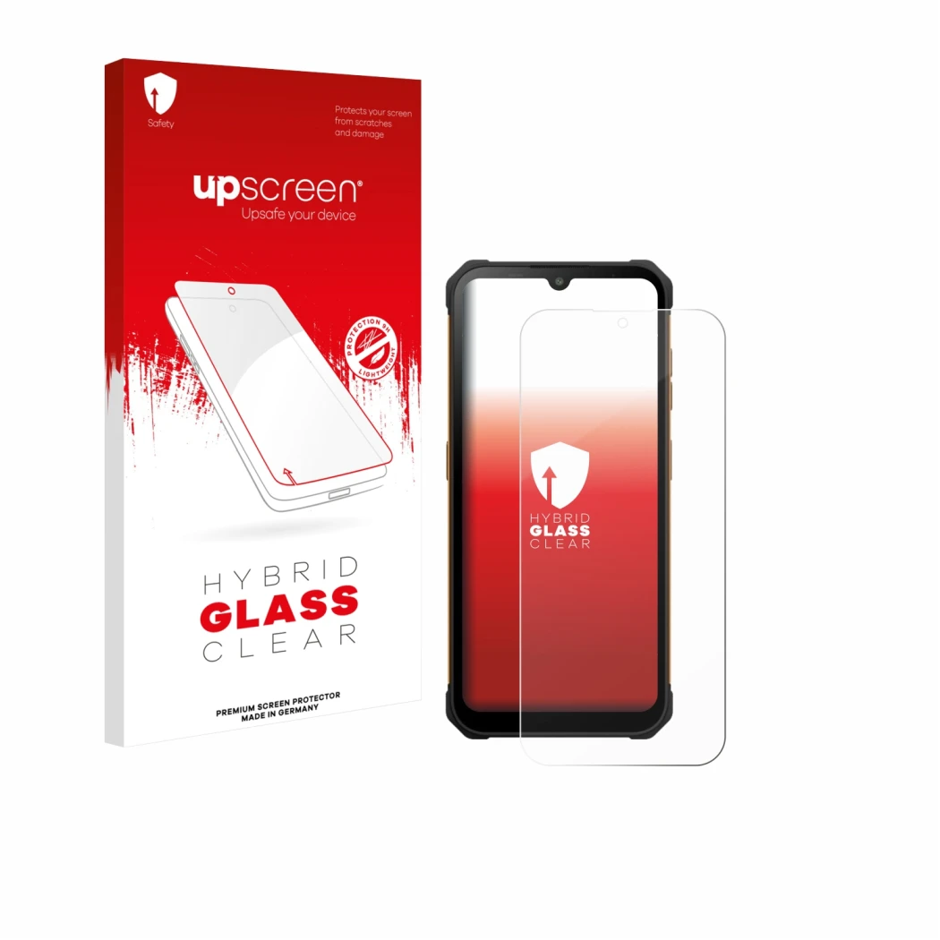 Parte frontal de un envase de producto con el logotipo de la marca upscreen. Al lado se muestra el dispositivo Hammer Iron Va 