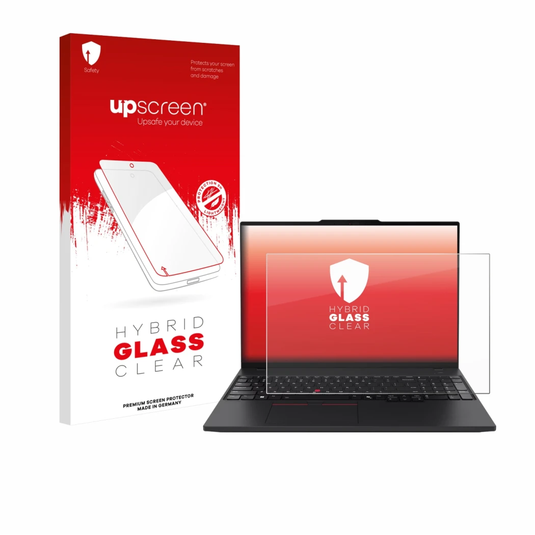 Parte frontal de un envase de producto con el logotipo de la marca upscreen. Al lado se muestra el dispositivo Lenovo ThinkPad