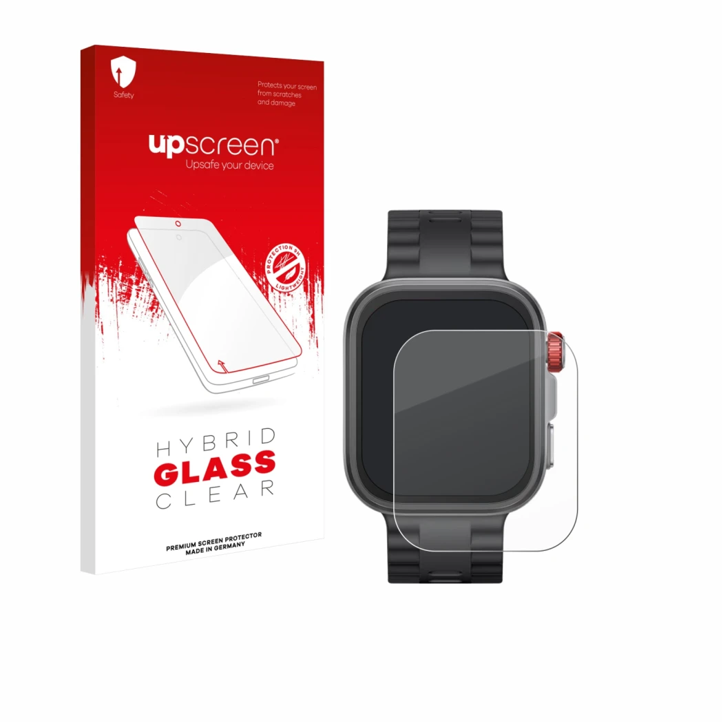 Parte frontal de un envase de producto con el logotipo de la marca upscreen. Al lado se muestra el dispositivo Huawei Watch Fi