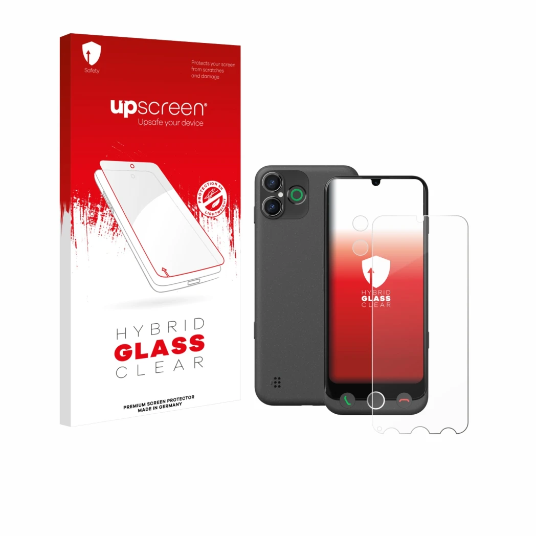 Parte frontal de un envase de producto con el logotipo de la marca upscreen. Al lado se muestra el dispositivo Doro Aurora A30