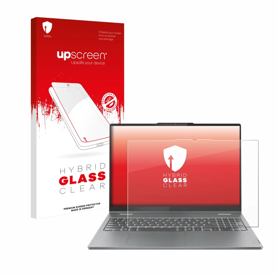 Parte frontal de un envase de producto con el logotipo de la marca upscreen. Al lado se muestra el dispositivo Lenovo IdeaPad 