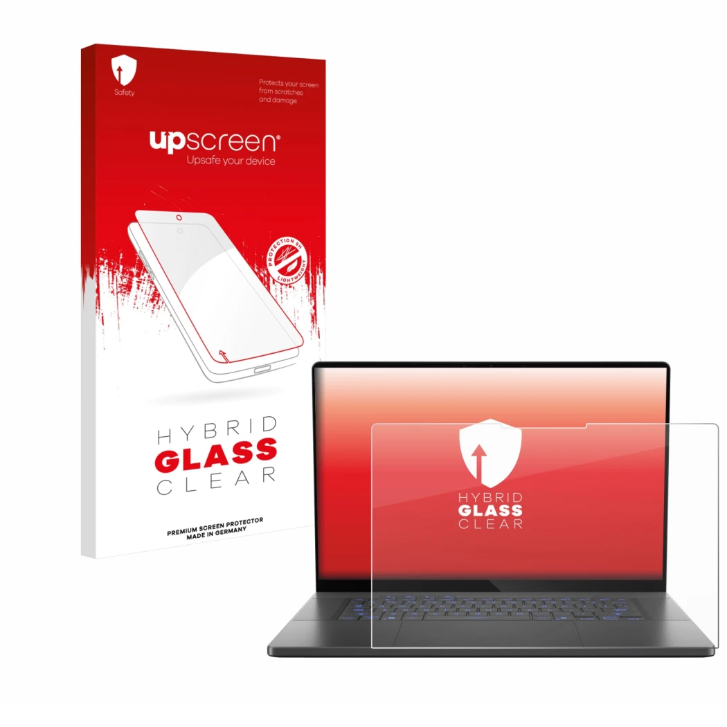 Parte frontal de un envase de producto con el logotipo de la marca upscreen. Al lado se muestra el dispositivo ASUS ROG Zephyr