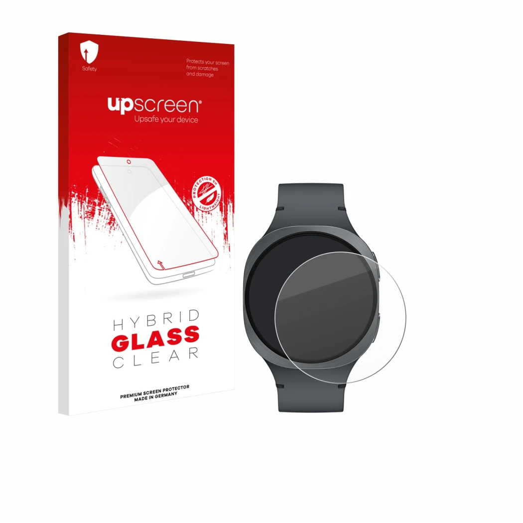 Parte frontal de un envase de producto con el logotipo de la marca upscreen. Al lado se muestra el dispositivo Samsung Galaxy 