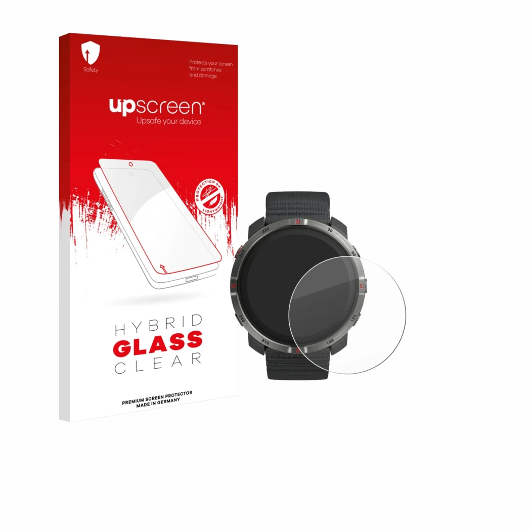 Parte frontal de un envase de producto con el logotipo de la marca upscreen. Al lado se muestra el dispositivo Polar Grit X2 c