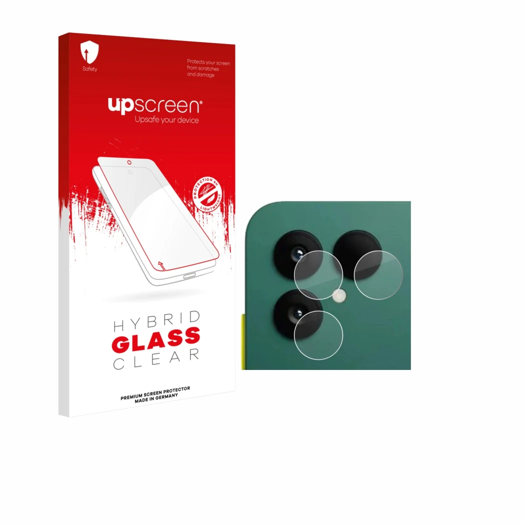 Parte frontal de un envase de producto con el logotipo de la marca upscreen. Al lado se muestra el dispositivo Fairphone 6 (SÓ