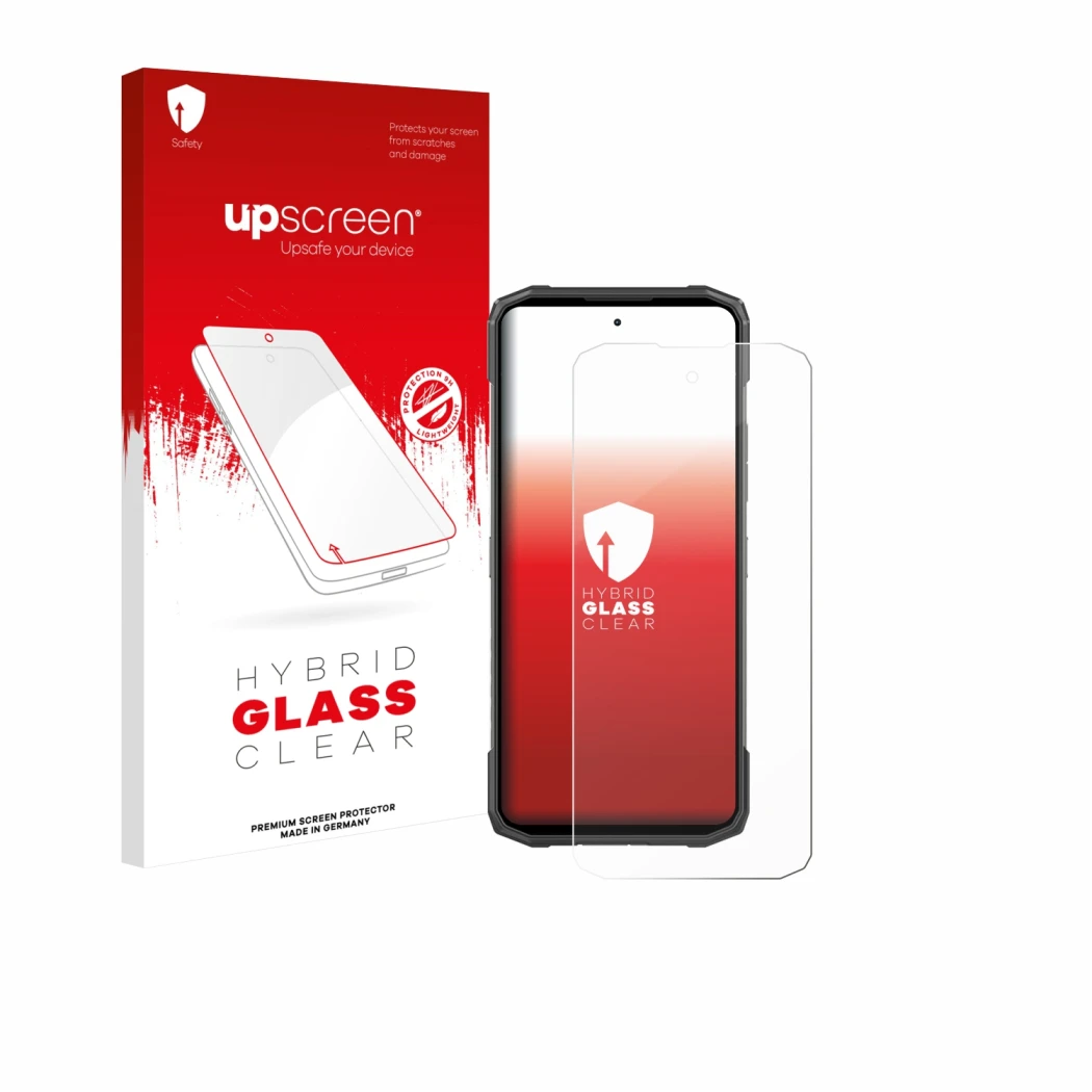 Parte frontal de un envase de producto con el logotipo de la marca upscreen. Al lado se muestra el dispositivo Doogee Blade 20