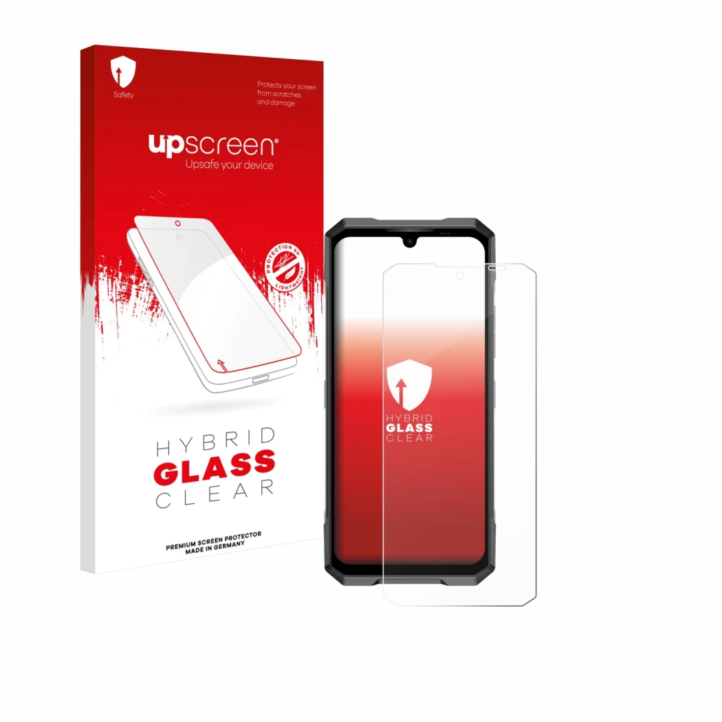 Parte frontal de un envase de producto con el logotipo de la marca upscreen. Al lado se muestra el dispositivo Doogee Blade GT