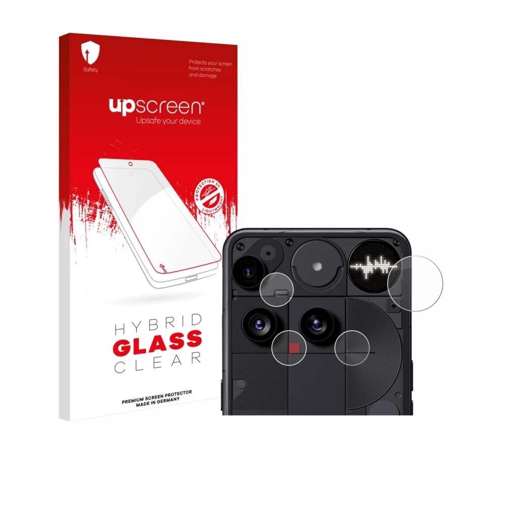 Parte frontal de un envase de producto con el logotipo de la marca upscreen. Al lado se muestra el dispositivo Nothing Phone (