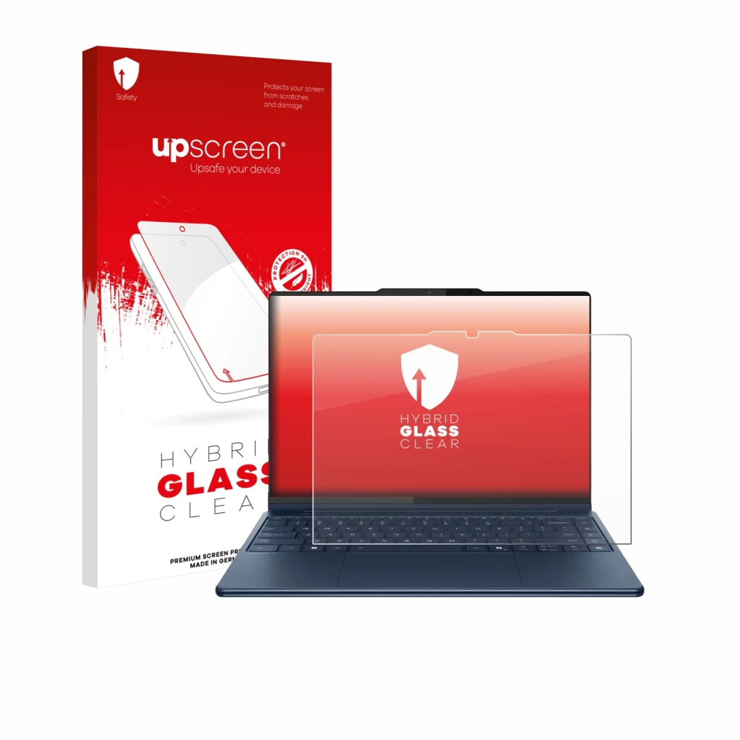 Parte frontal de un envase de producto con el logotipo de la marca upscreen. Al lado se muestra el dispositivo Lenovo Yoga Pro
