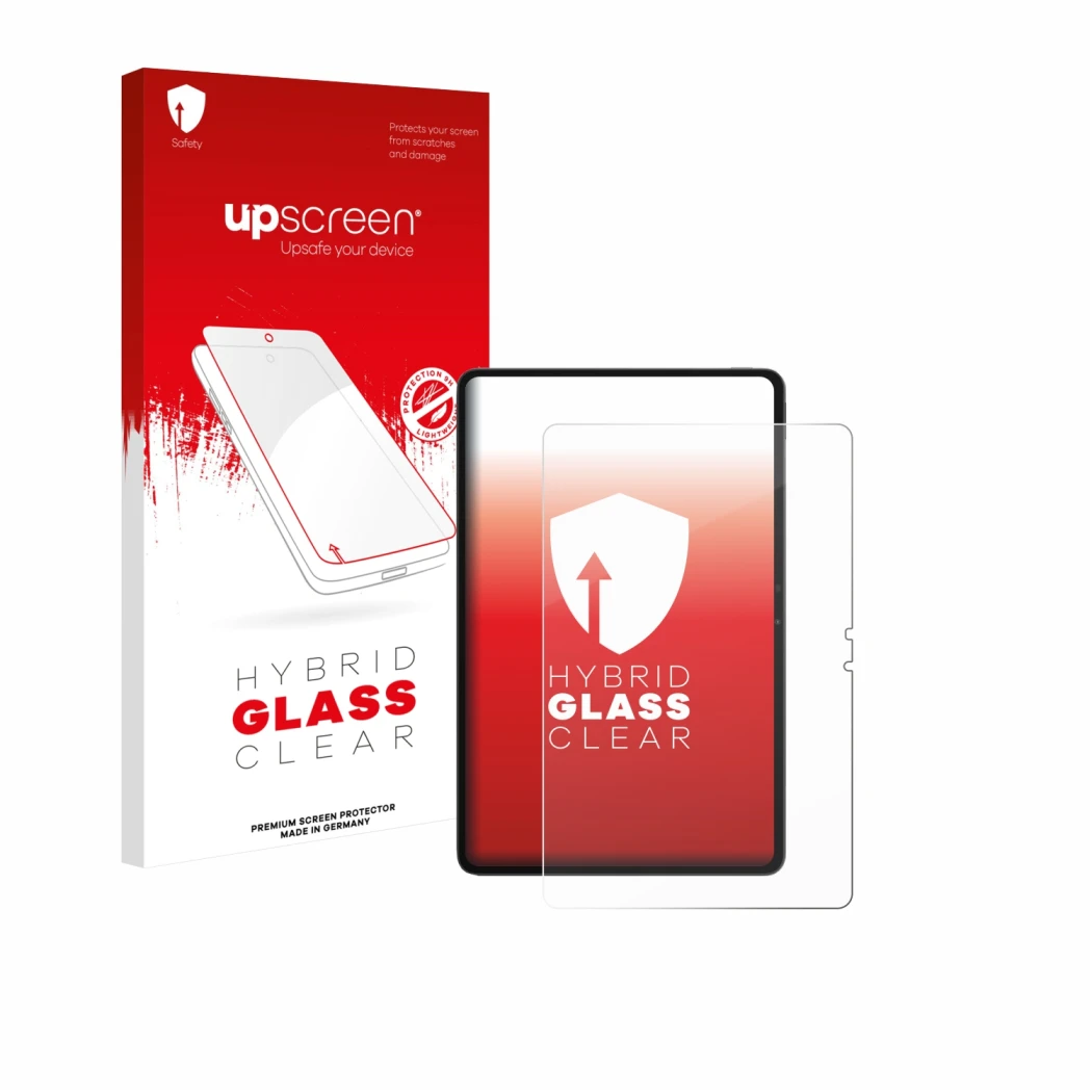 Parte frontal de un envase de producto con el logotipo de la marca upscreen. Al lado se muestra el dispositivo Blackview MEGA 