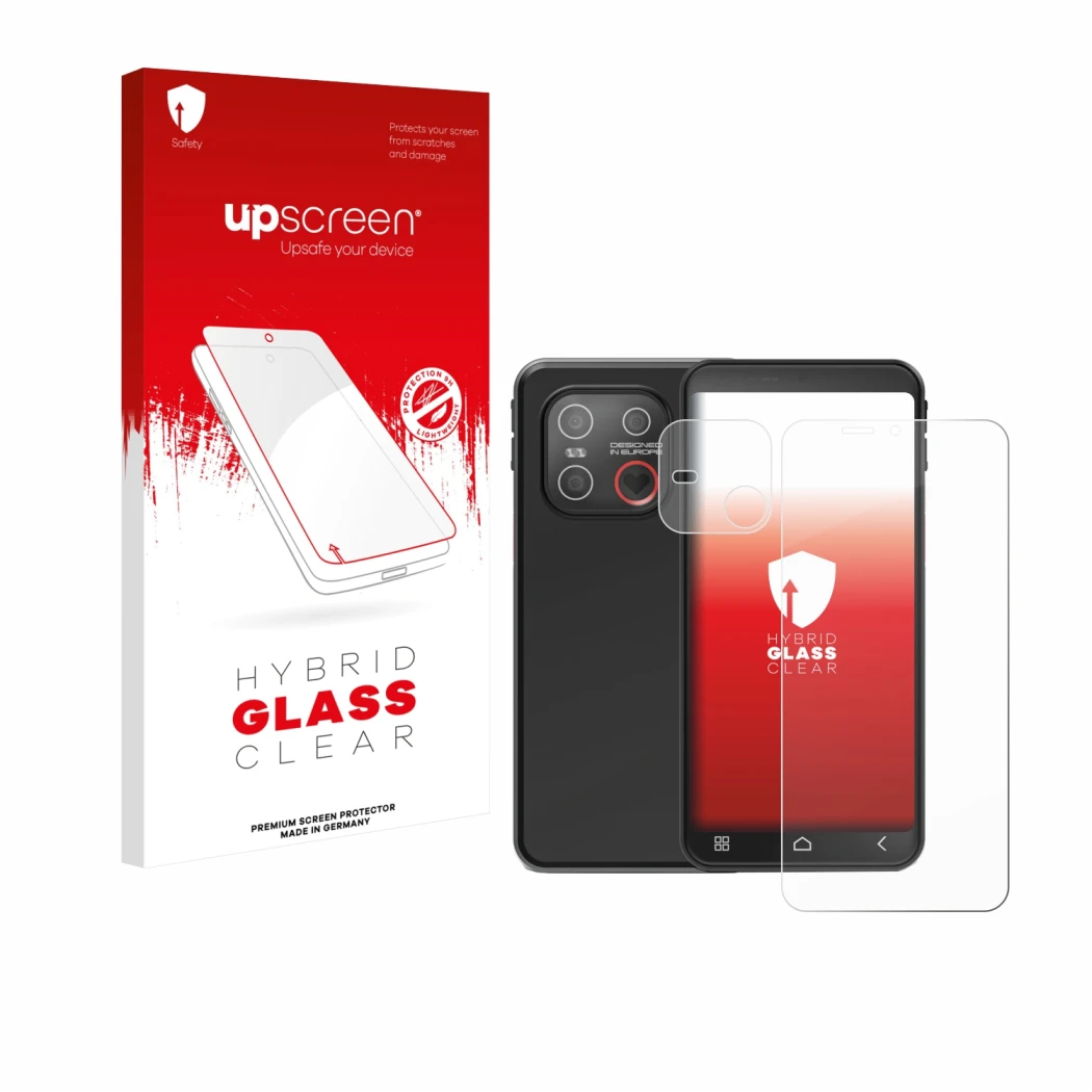 Parte frontal de un envase de producto con el logotipo de la marca upscreen. Al lado se muestra el dispositivo Emporia Smart 7