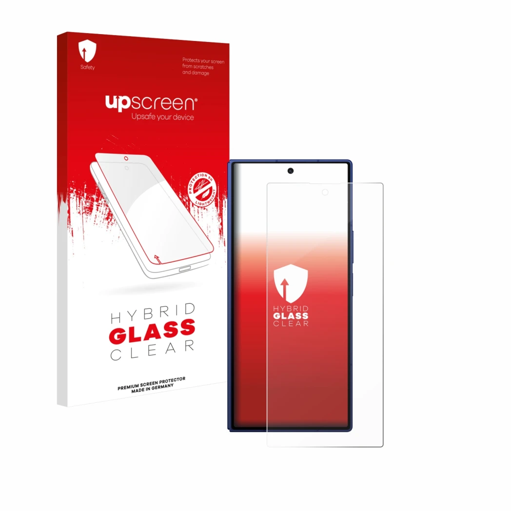 Parte frontal de un envase de producto con el logotipo de la marca upscreen. Al lado se muestra el dispositivo Samsung Galaxy 