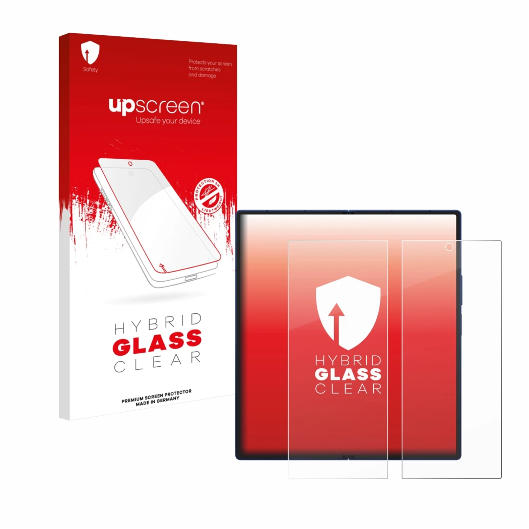 Parte frontal de un envase de producto con el logotipo de la marca upscreen. Al lado se muestra el dispositivo Samsung Galaxy 