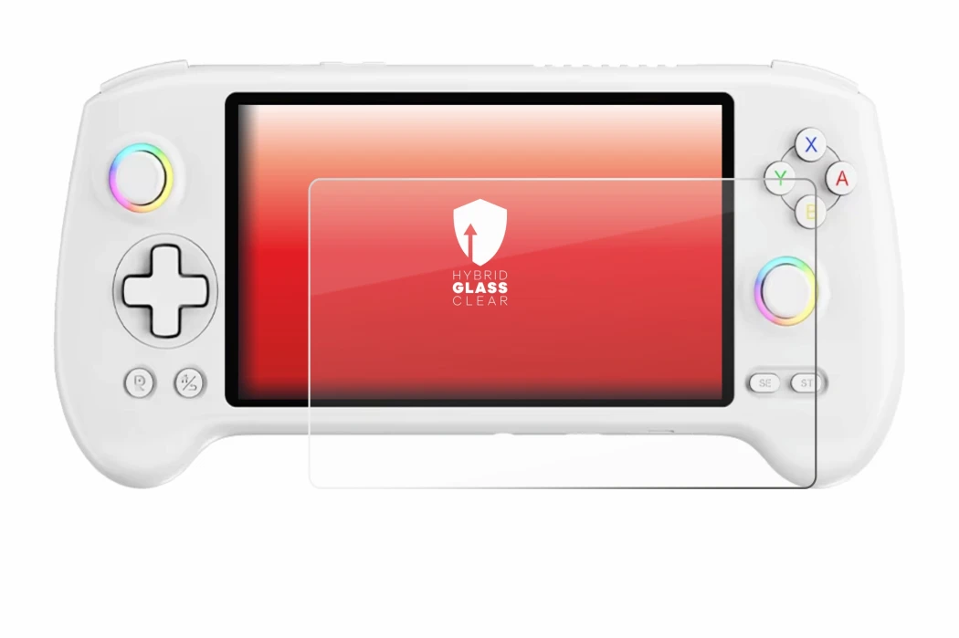 Imagen del dispositivo Anbernic RG557 con una amplia variedad de protectores de pantalla.