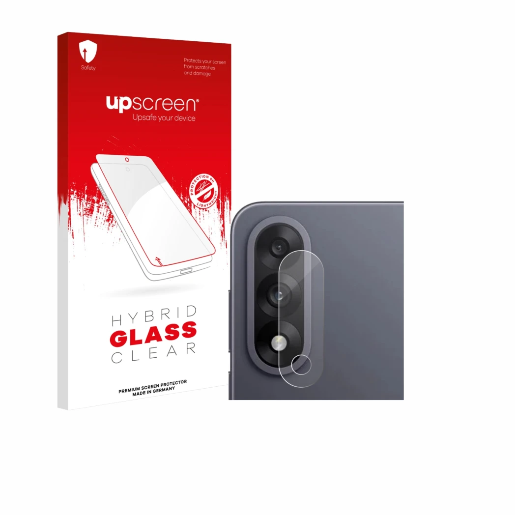 Parte frontal de un envase de producto con el logotipo de la marca upscreen. Al lado se muestra el dispositivo OnePlus Nord 5