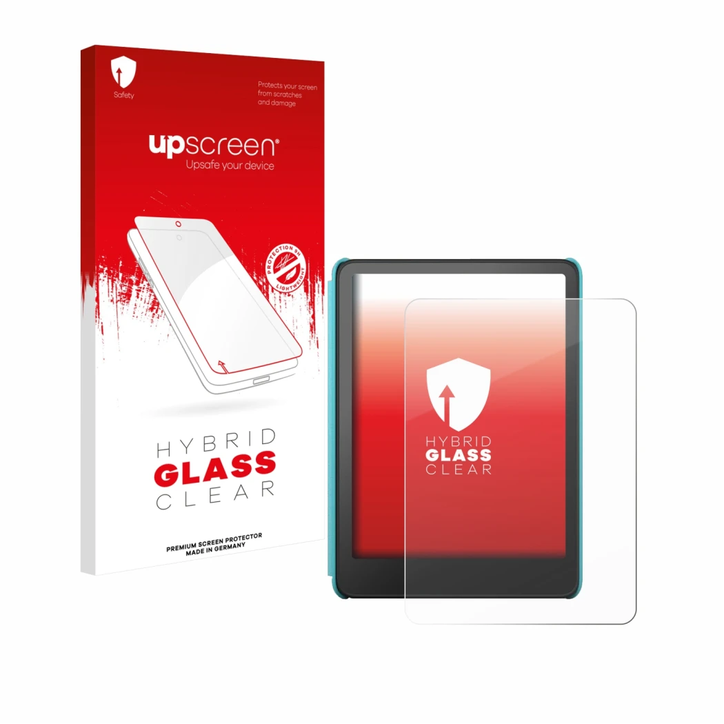 Parte frontal de un envase de producto con el logotipo de la marca upscreen. Al lado se muestra el dispositivo Amazon Kindle C