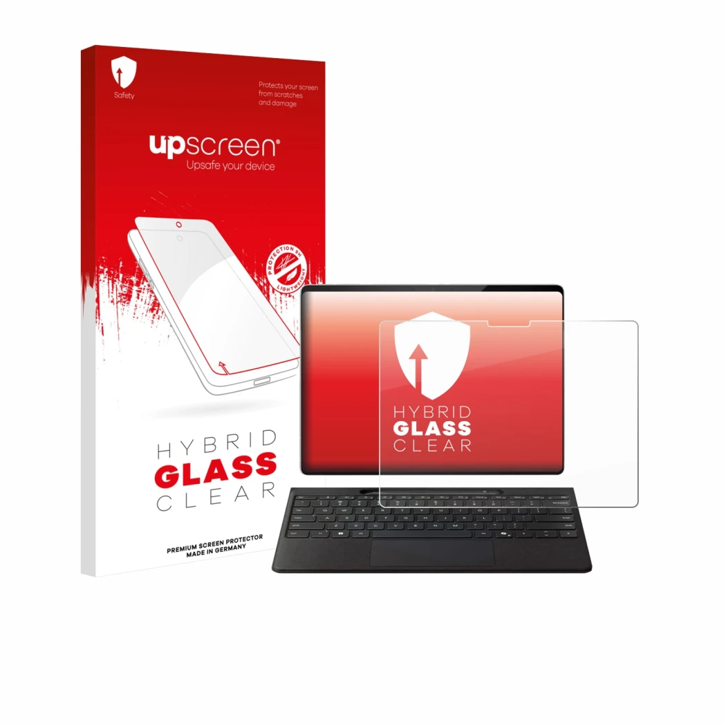 Parte frontal de un envase de producto con el logotipo de la marca upscreen. Al lado se muestra el dispositivo Microsoft Surfa