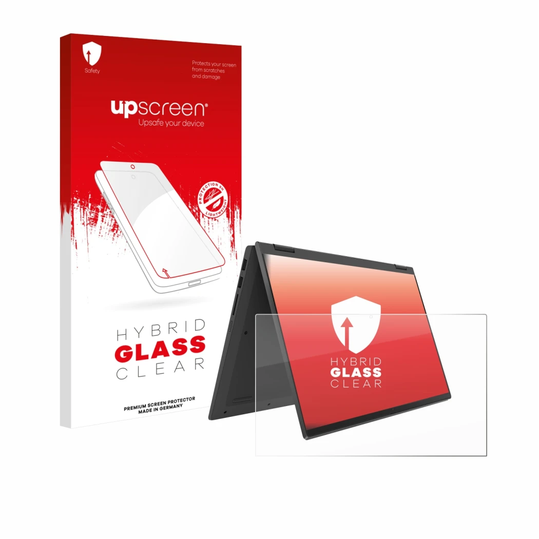 Parte frontal de un envase de producto con el logotipo de la marca upscreen. Al lado se muestra el dispositivo Lenovo IdeaPad 