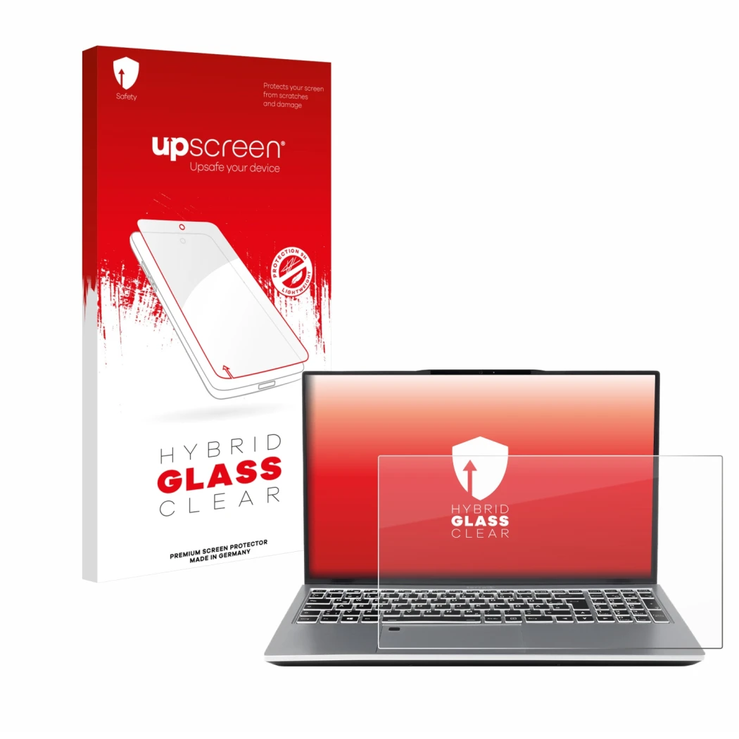 Parte frontal de un envase de producto con el logotipo de la marca upscreen. Al lado se muestra el dispositivo terra Mobile 15