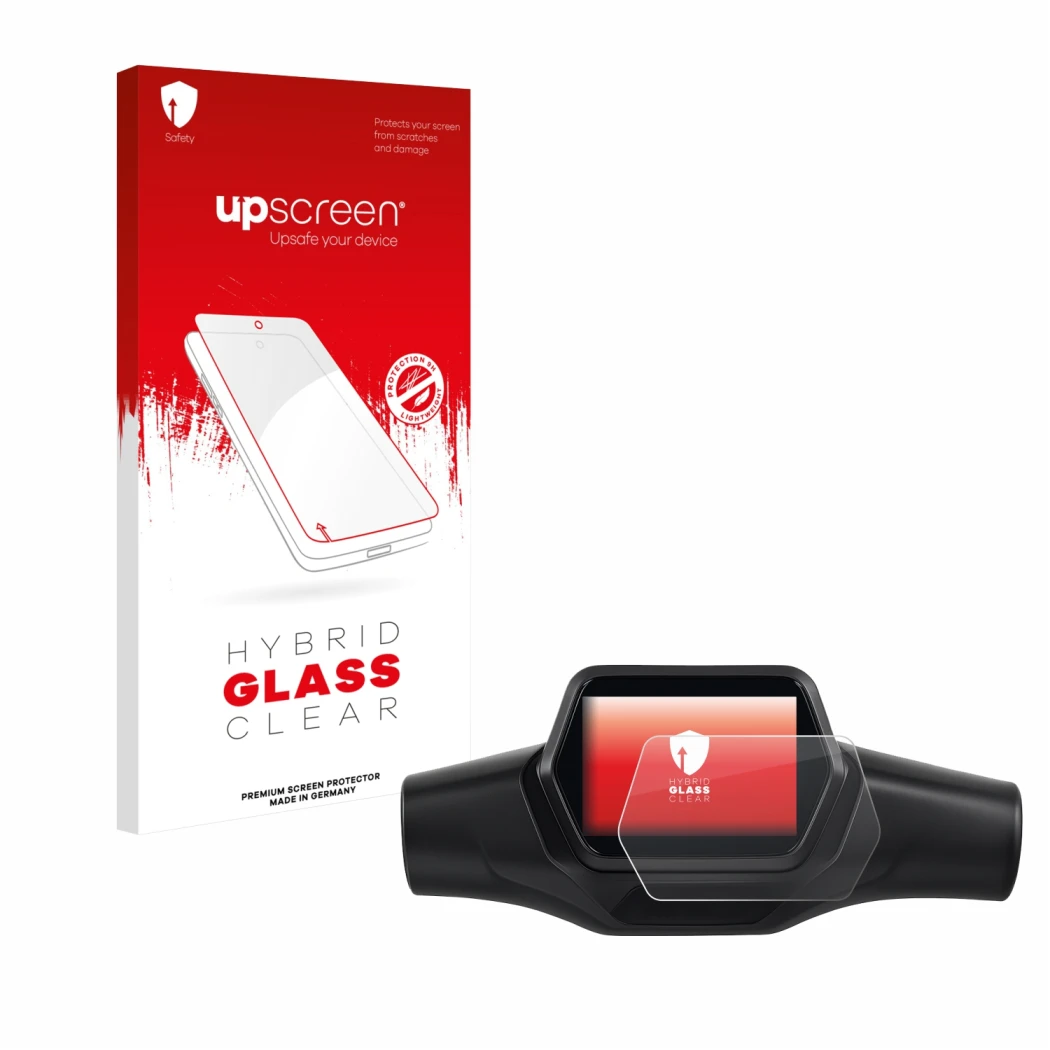 Parte frontal de un envase de producto con el logotipo de la marca upscreen. Al lado se muestra el dispositivo Segway Ninebot 