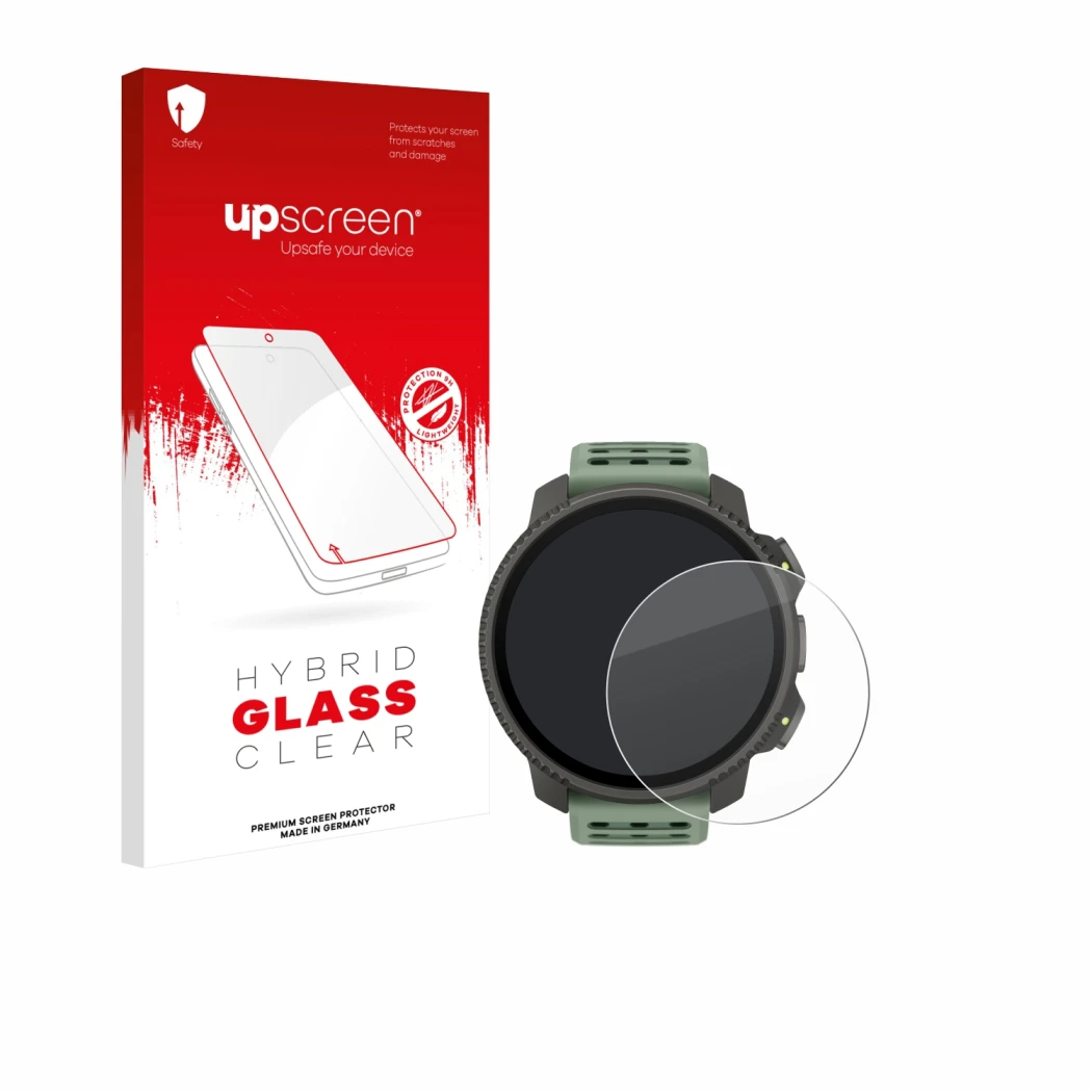Parte frontal de un envase de producto con el logotipo de la marca upscreen. Al lado se muestra el dispositivo Suunto Vertical