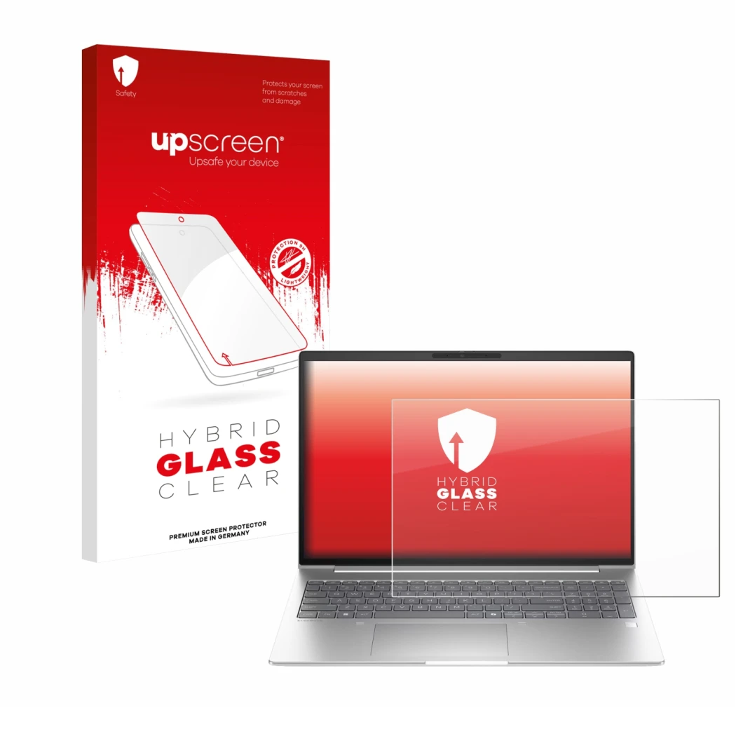 Parte frontal de un envase de producto con el logotipo de la marca upscreen. Al lado se muestra el dispositivo HP EliteBook 6 