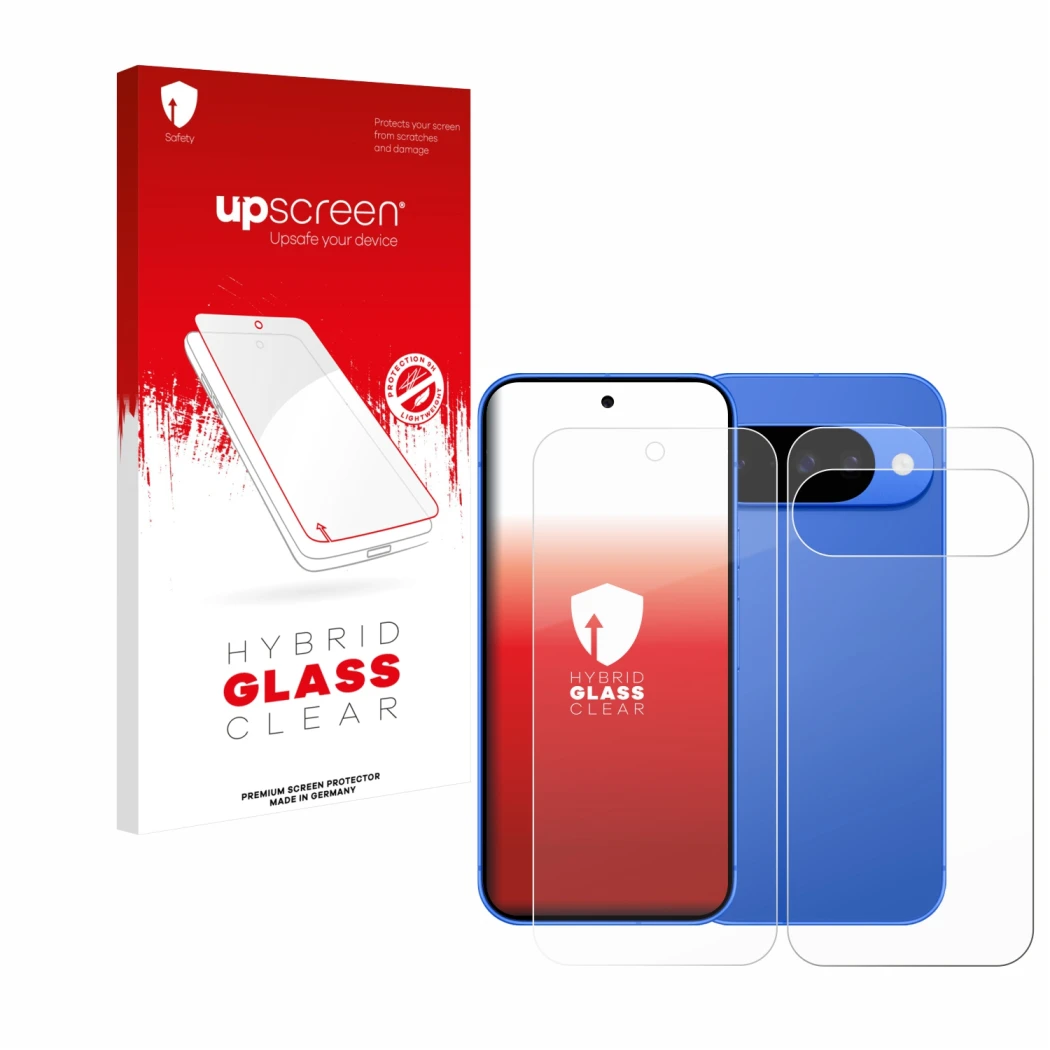 Parte frontal de un envase de producto con el logotipo de la marca upscreen. Al lado se muestra el dispositivo Google Pixel 10