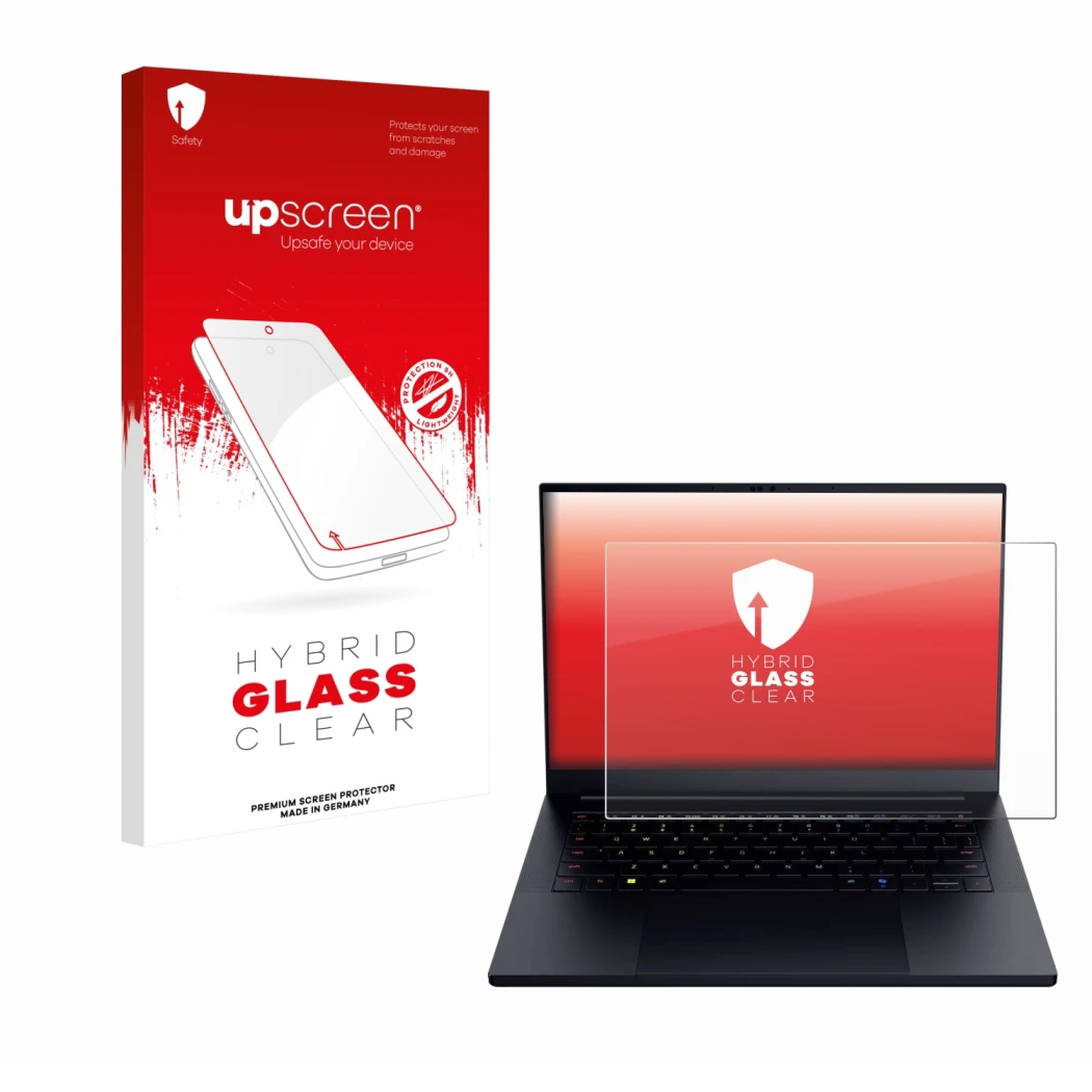 Parte frontal de un envase de producto con el logotipo de la marca upscreen. Al lado se muestra el dispositivo Razer Blade 14 