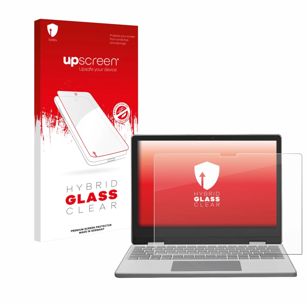 Parte frontal de un envase de producto con el logotipo de la marca upscreen. Al lado se muestra el dispositivo Framework Lapto