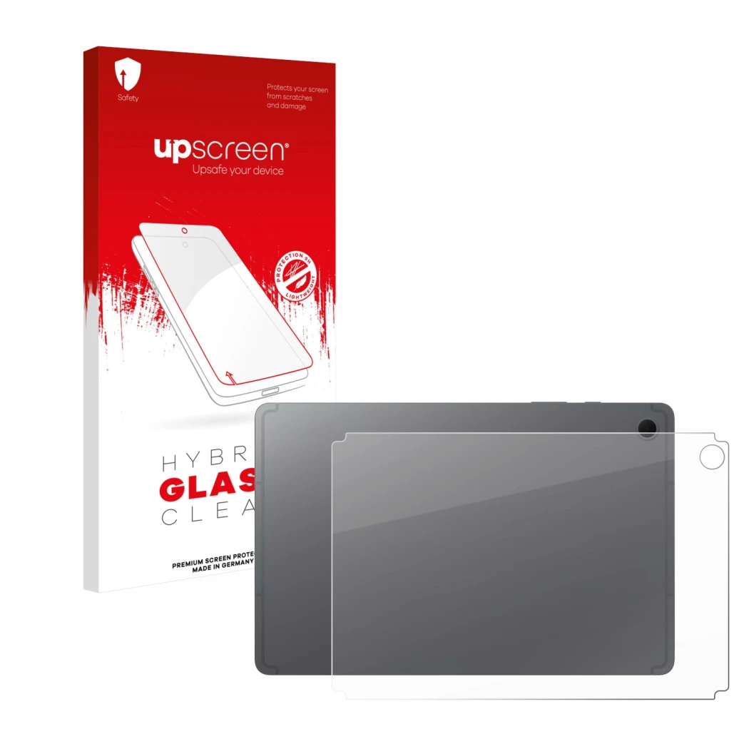 Parte frontal de un envase de producto con el logotipo de la marca upscreen. Al lado se muestra el dispositivo Samsung Galaxy 
