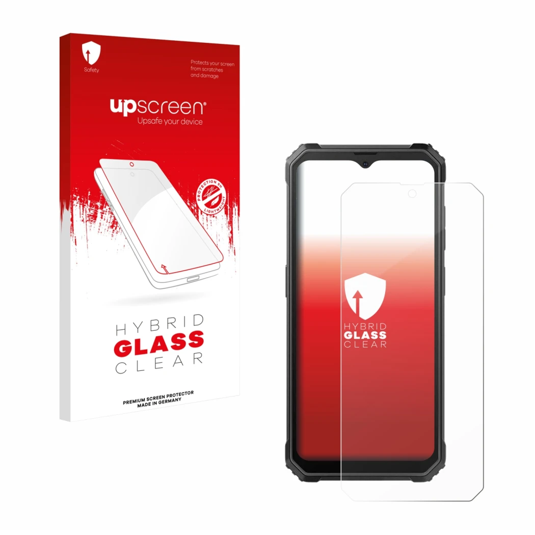 Parte frontal de un envase de producto con el logotipo de la marca upscreen. Al lado se muestra el dispositivo Blackview BV480