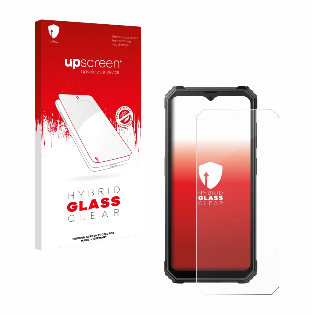 Parte frontal de un envase de producto con el logotipo de la marca upscreen. Al lado se muestra el dispositivo Blackview BV480