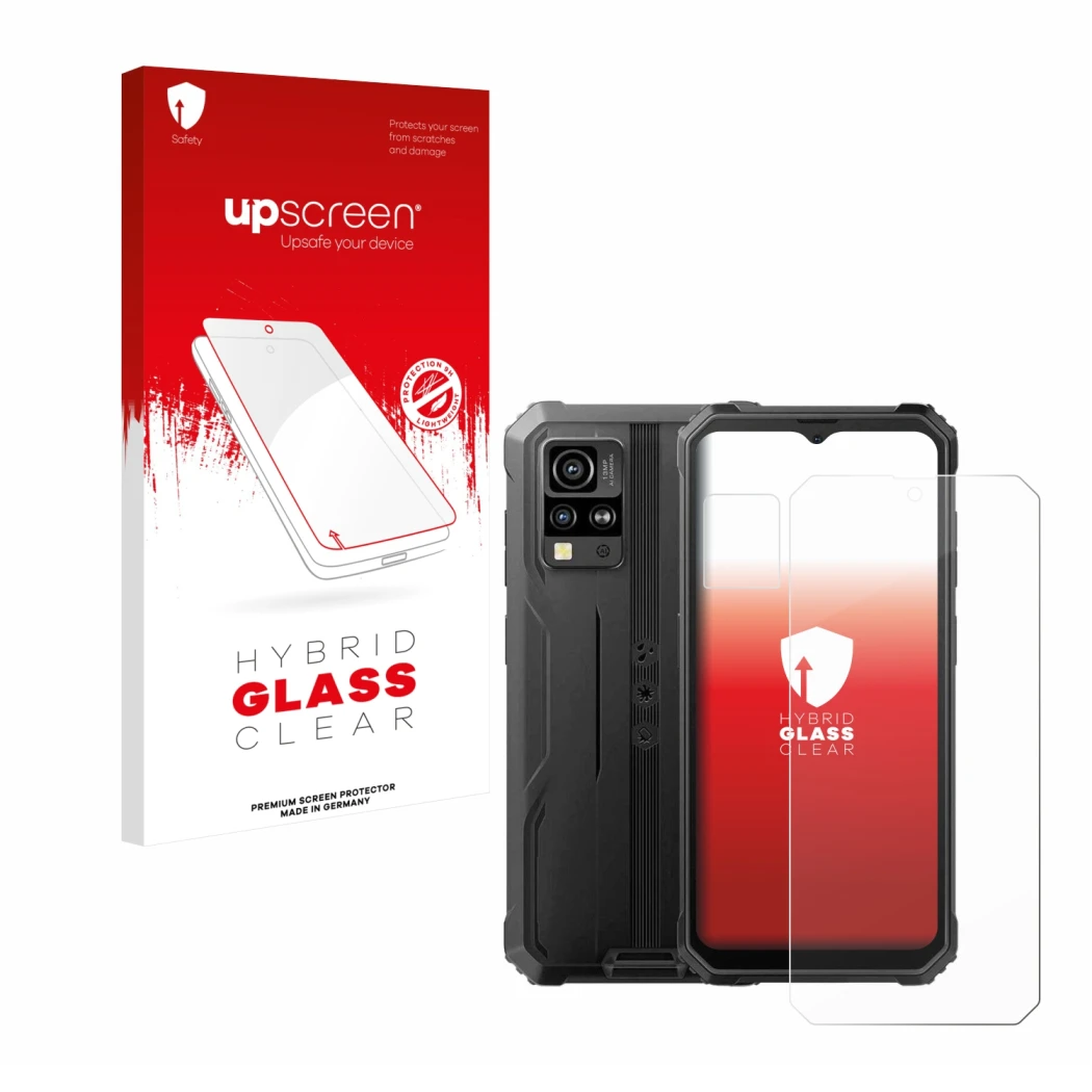 Parte frontal de un envase de producto con el logotipo de la marca upscreen. Al lado se muestra el dispositivo Blackview BV480