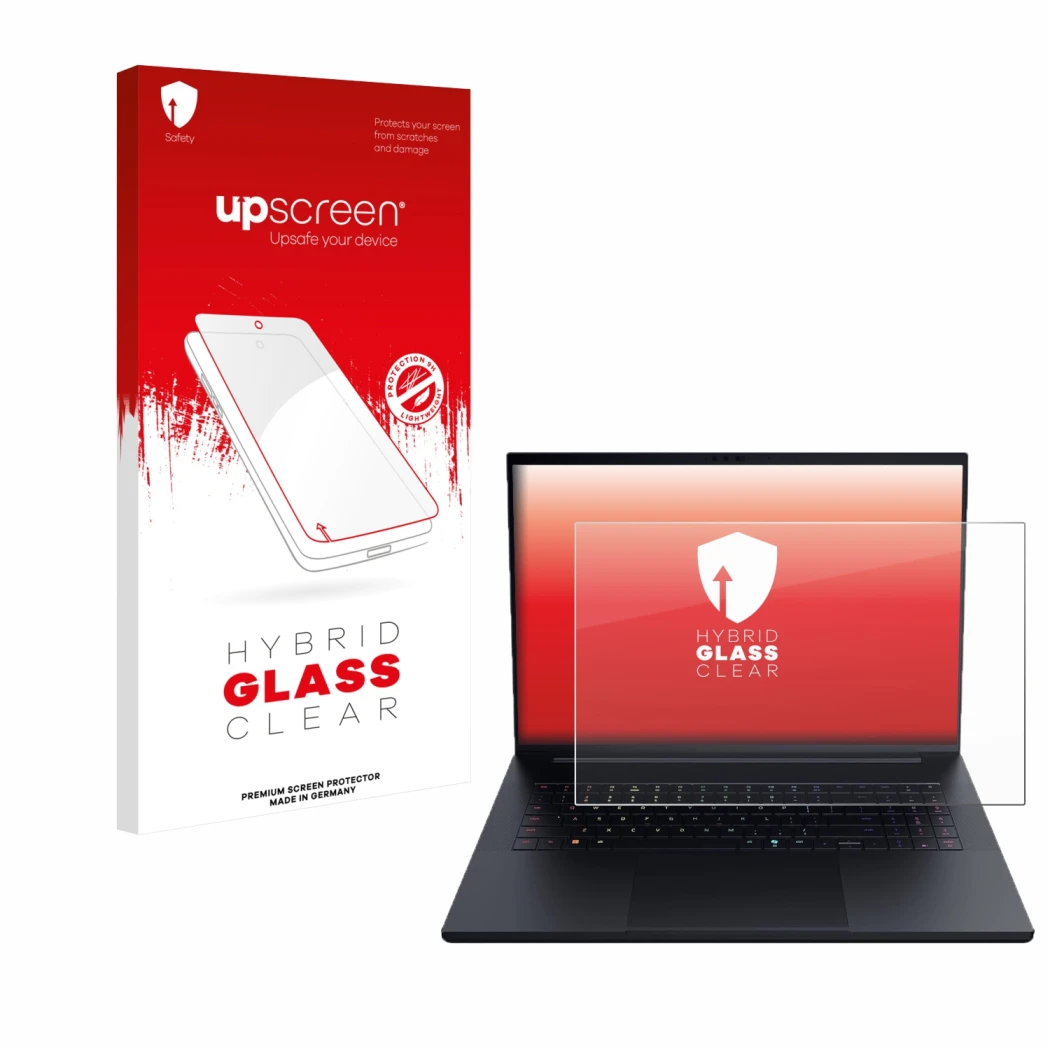 Parte frontal de un envase de producto con el logotipo de la marca upscreen. Al lado se muestra el dispositivo Razer Blade 18 