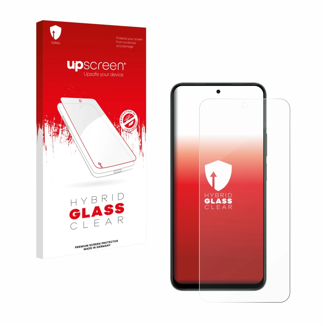 Parte frontal de un envase de producto con el logotipo de la marca upscreen. Al lado se muestra el dispositivo Honor X7d 5G co