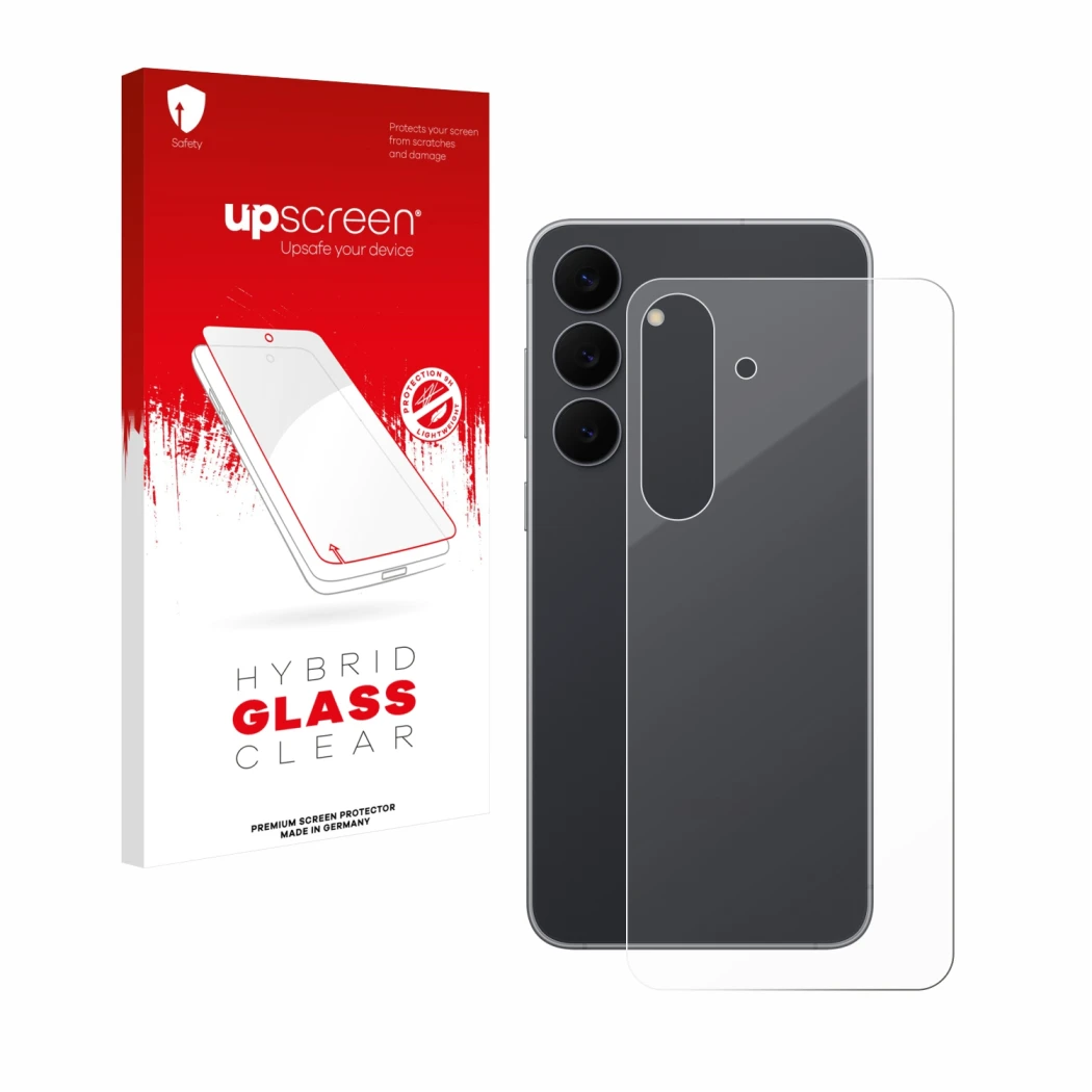 Parte frontal de un envase de producto con el logotipo de la marca upscreen. Al lado se muestra el dispositivo Samsung Galaxy 
