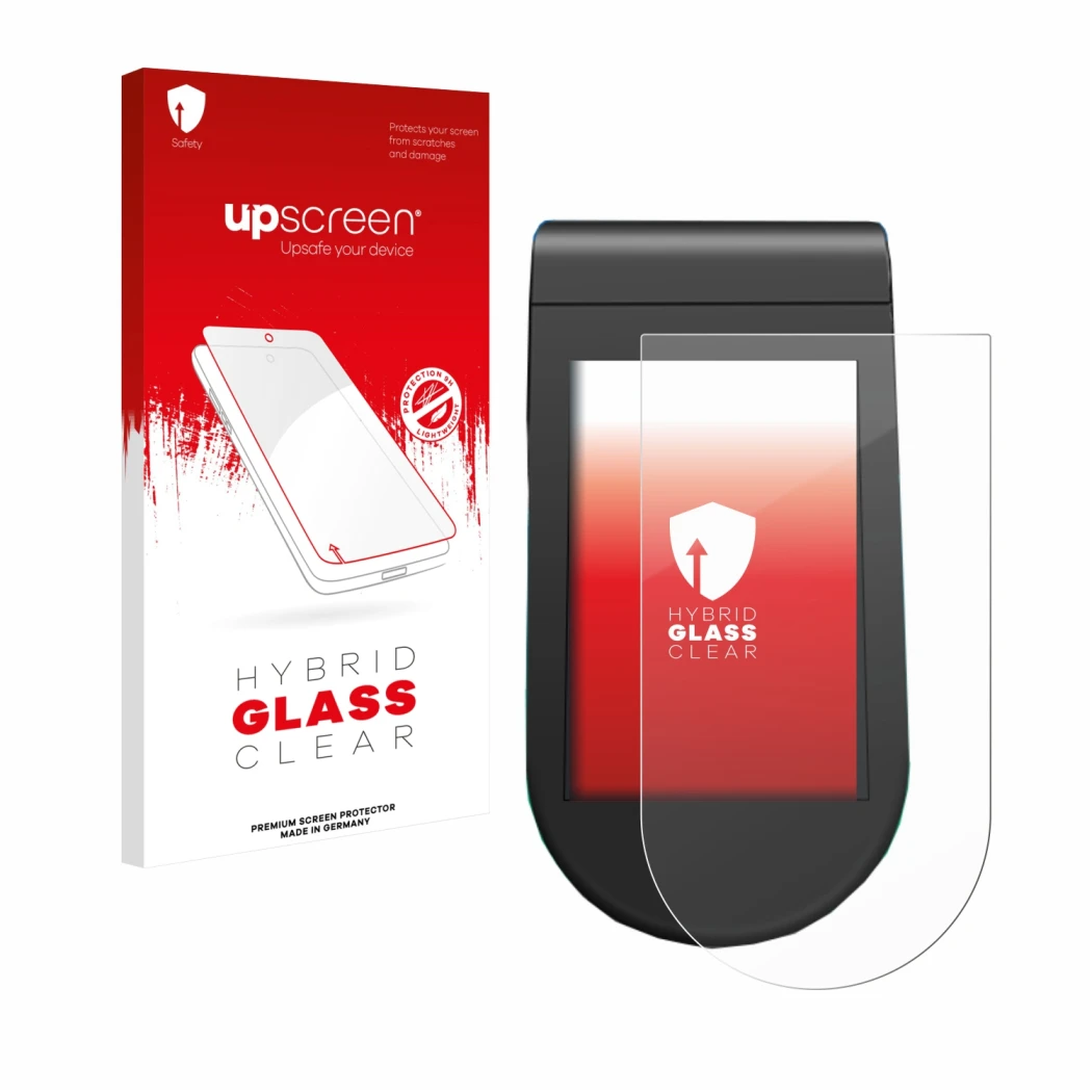 Parte frontal de un envase de producto con el logotipo de la marca upscreen. Al lado se muestra el dispositivo SoFlow SO4 Pro