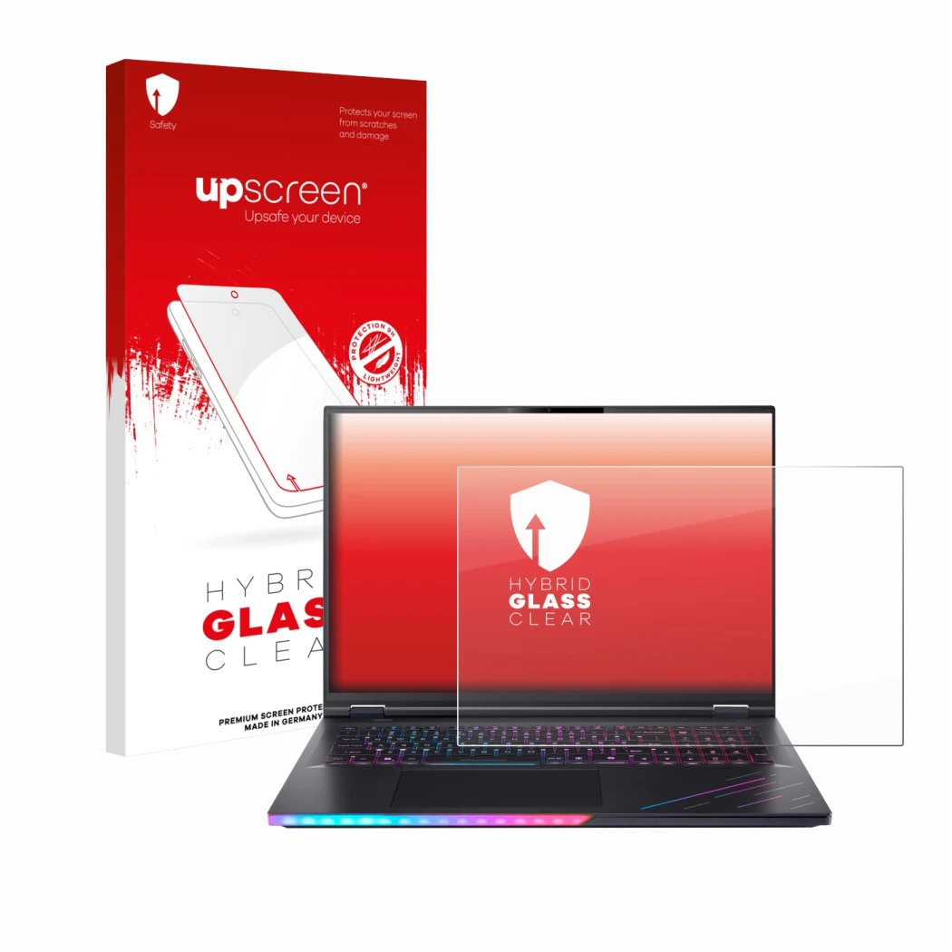 Parte frontal de un envase de producto con el logotipo de la marca upscreen. Al lado se muestra el dispositivo Acer Predator H