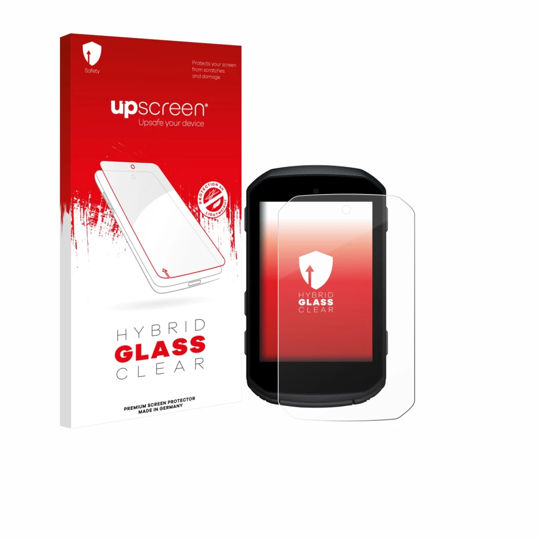 Parte frontal de un envase de producto con el logotipo de la marca upscreen. Al lado se muestra el dispositivo Garmin Edge 850