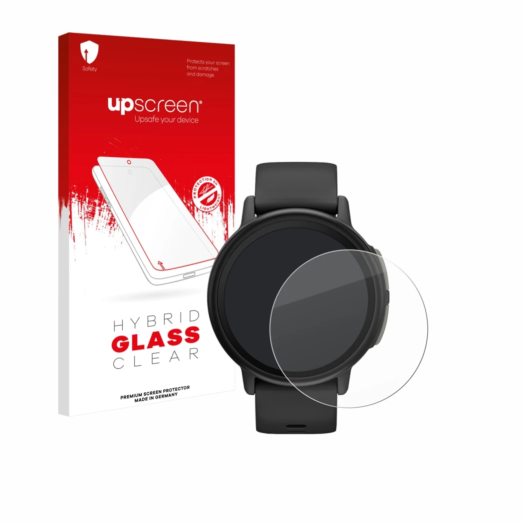 Parte frontal de un envase de producto con el logotipo de la marca upscreen. Al lado se muestra el dispositivo Garmin Bounce 2