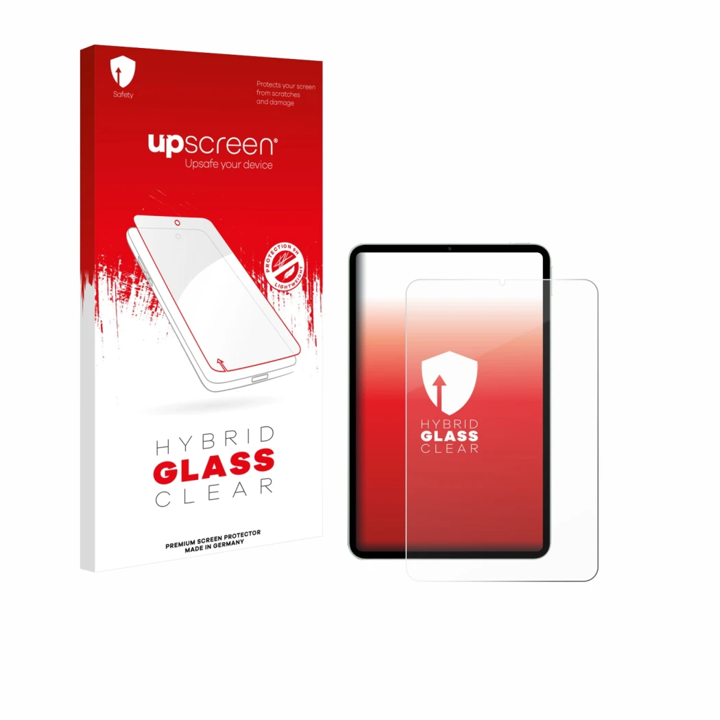 Parte frontal de un envase de producto con el logotipo de la marca upscreen. Al lado se muestra el dispositivo Xiaomi Pad Mini
