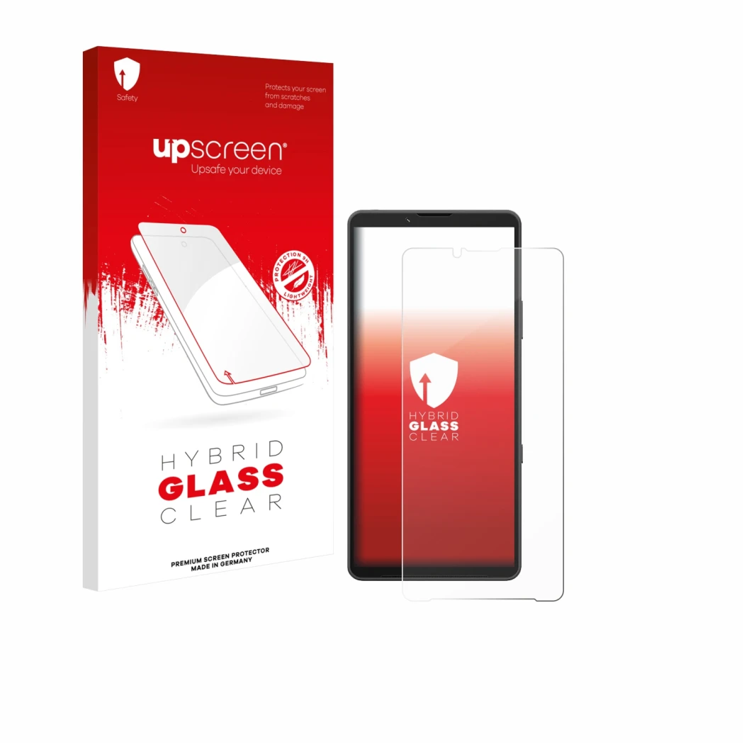 Parte frontal de un envase de producto con el logotipo de la marca upscreen. Al lado se muestra el dispositivo Sony Xperia 10