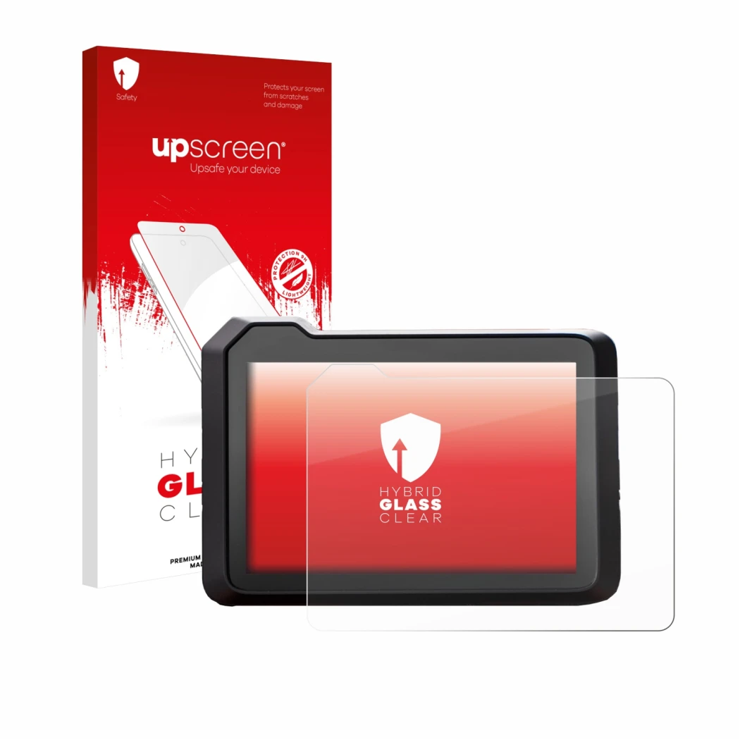 Parte frontal de un envase de producto con el logotipo de la marca upscreen. Al lado se muestra el dispositivo KTM 990 Duke 20