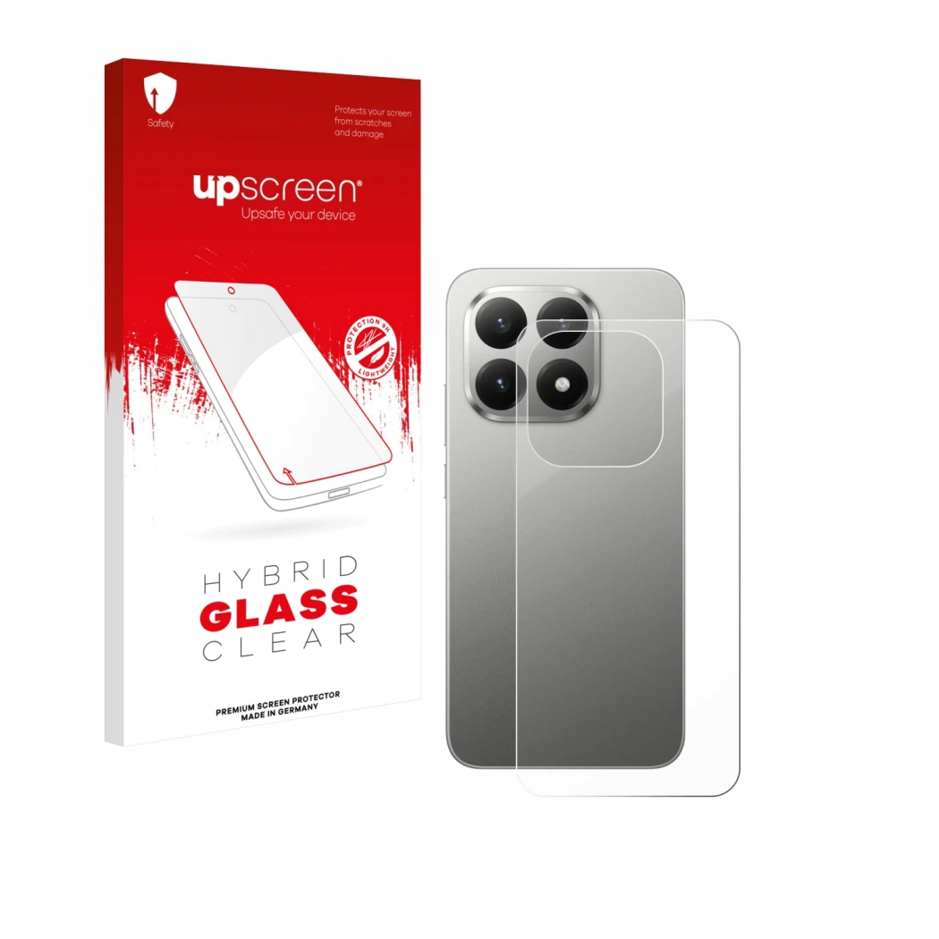 Parte frontal de un envase de producto con el logotipo de la marca upscreen. Al lado se muestra el dispositivo Xiaomi 15T (Tra