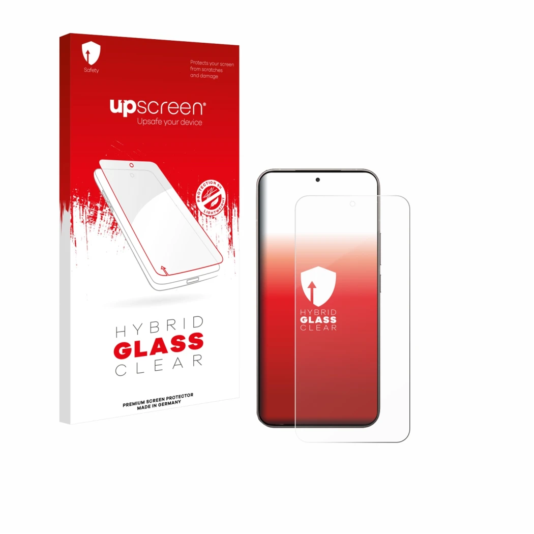 Parte frontal de un envase de producto con el logotipo de la marca upscreen. Al lado se muestra el dispositivo Xiaomi 15T Pro 