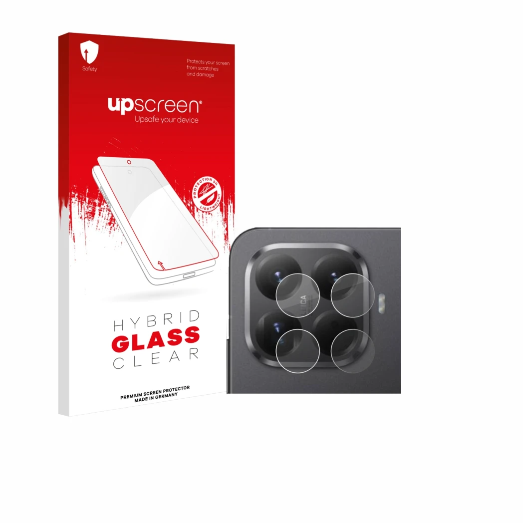 Parte frontal de un envase de producto con el logotipo de la marca upscreen. Al lado se muestra el dispositivo Xiaomi 15T Pro 