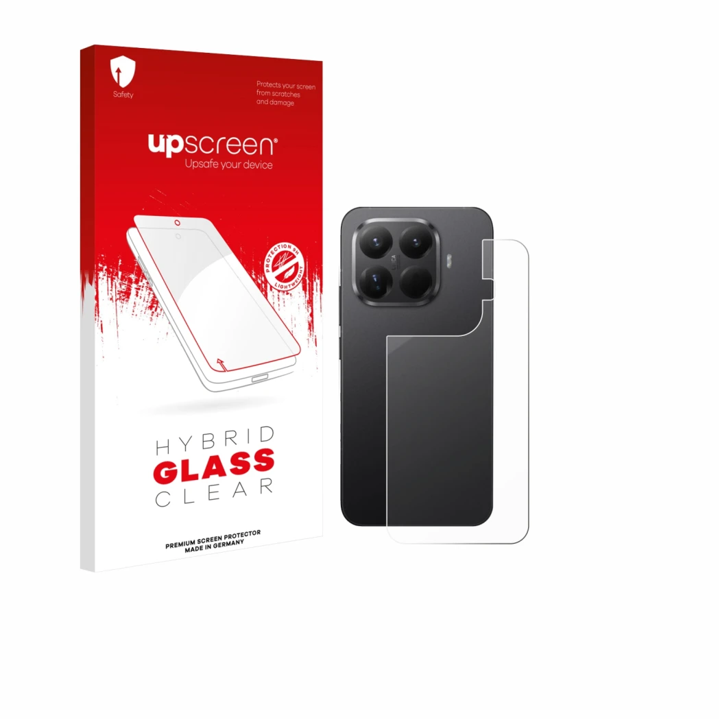 Parte frontal de un envase de producto con el logotipo de la marca upscreen. Al lado se muestra el dispositivo Xiaomi 15T Pro 