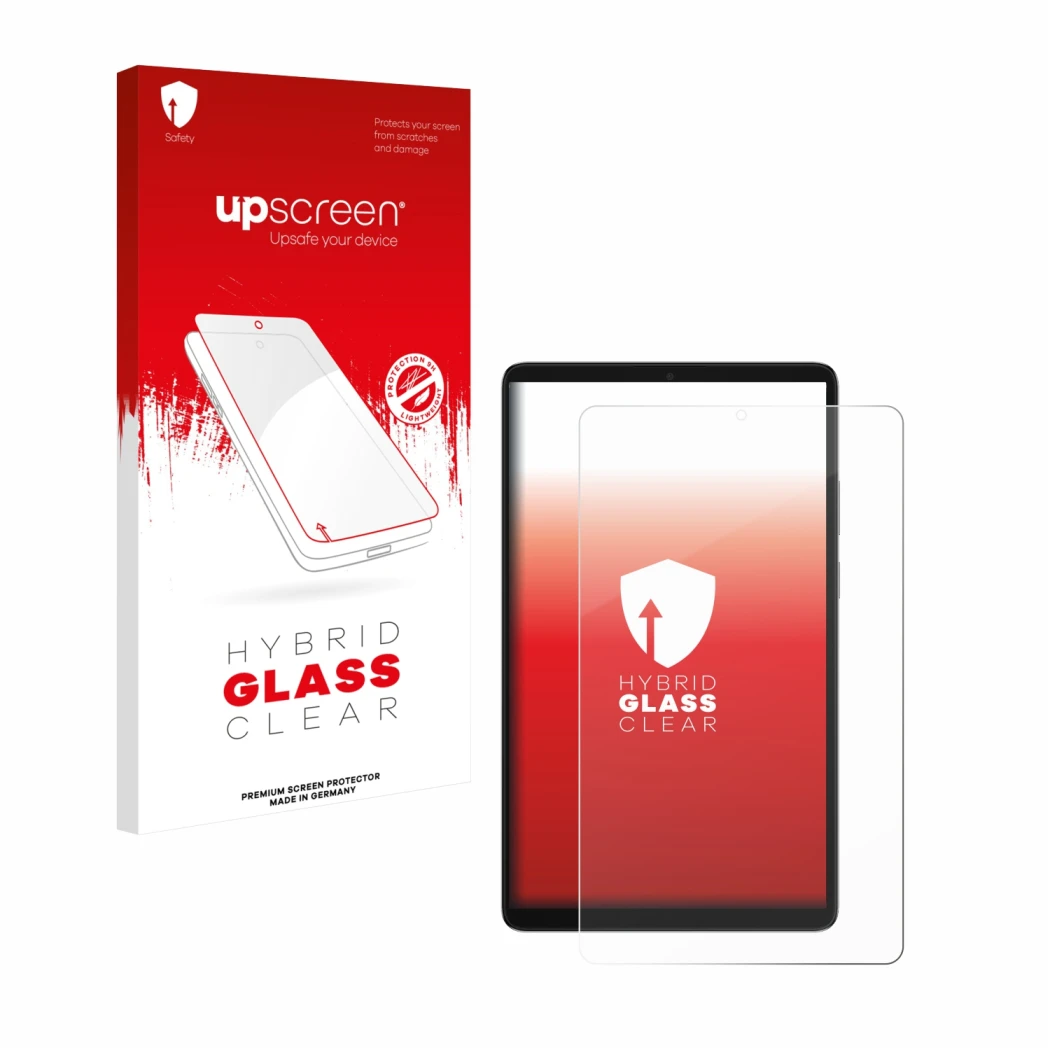 Parte frontal de un envase de producto con el logotipo de la marca upscreen. Al lado se muestra el dispositivo Samsung Galaxy 