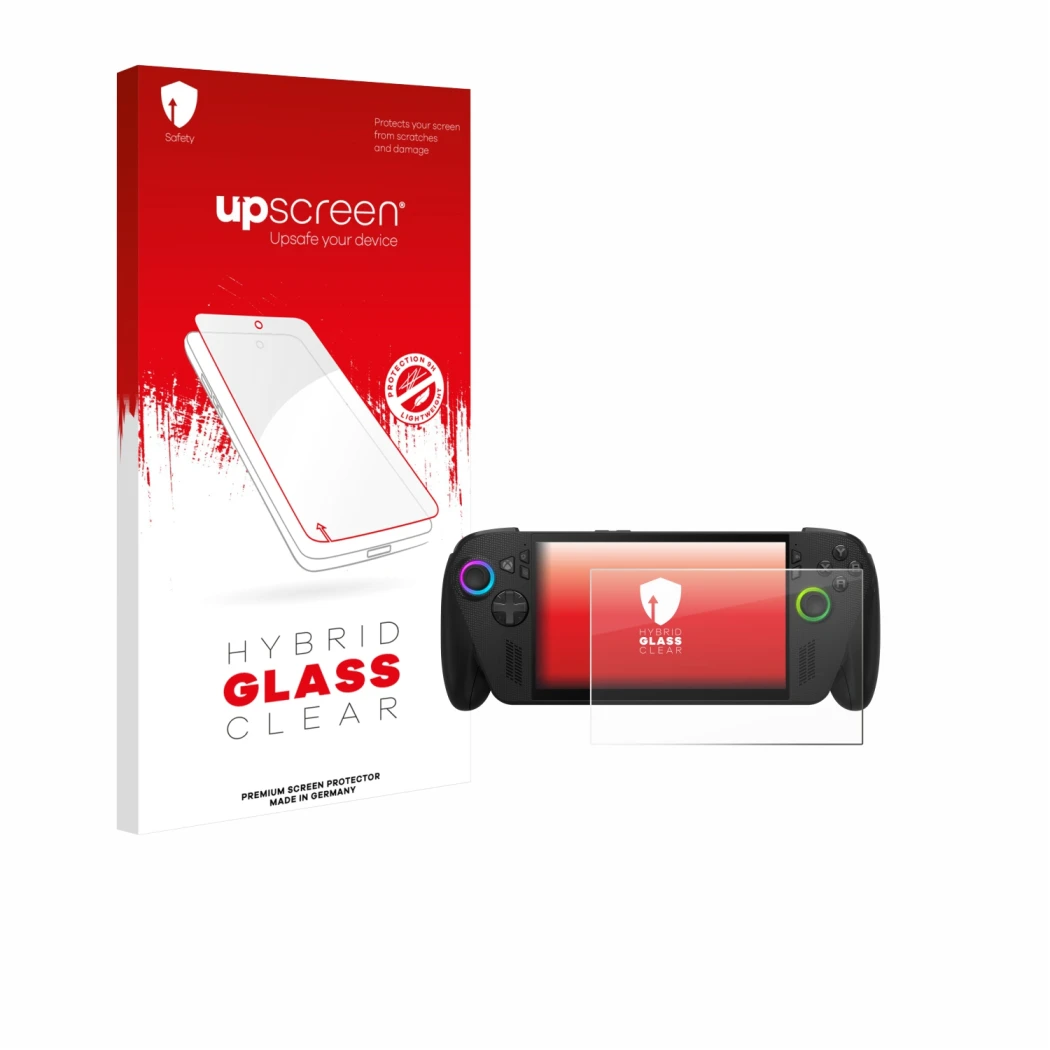 Parte frontal de un envase de producto con el logotipo de la marca upscreen. Al lado se muestra el dispositivo ASUS ROG Ally X